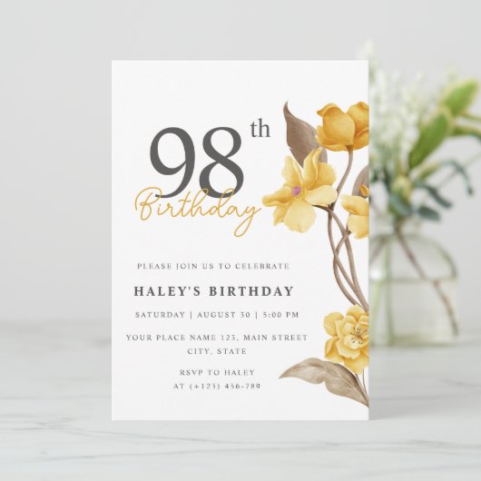 フローラシエレガントックシンプル誕生日イエロー98th 招待状 (スタンド正面)