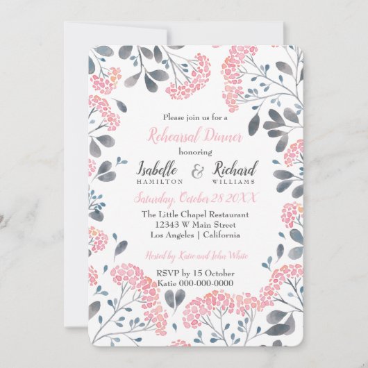 フローラシックなグレーピンクの水色リハーサルディナー 招待状 (正面)