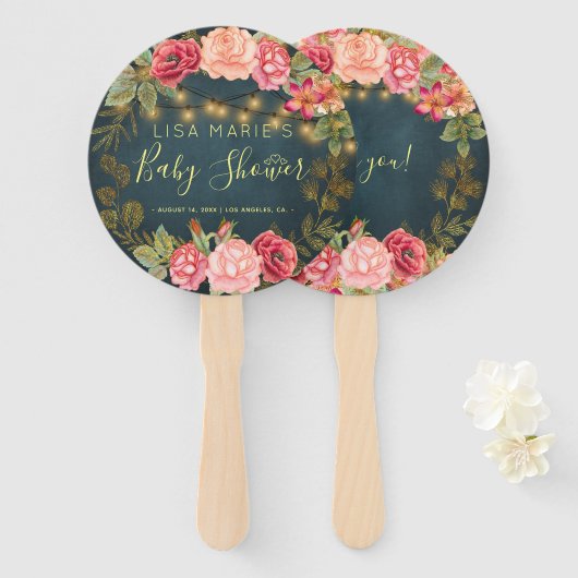 フローラシックなバラベビーガールシャワー歓迎のお願い ハンドファン (正面&裏面)