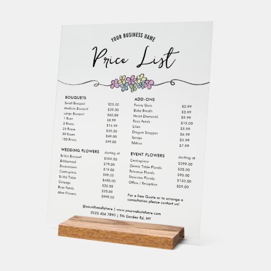 フローラシックブティックビジネスプライスリストメニュー アクリルサイン (傾斜)