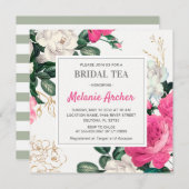 フローラシックホットピンクピンクピニーバラブライダルシャワーティー 招待状 (正面/裏面)