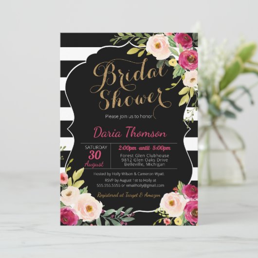 フローラシック白黒ストライプピンクブライダルシャワー 招待状 (スタンド正面)