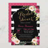 フローラシック白黒ストライプピンクブライダルシャワー 招待状 (正面/裏面)