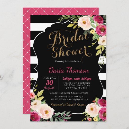 フローラシック白黒ストライプピンクブライダルシャワー 招待状 (正面/裏面)