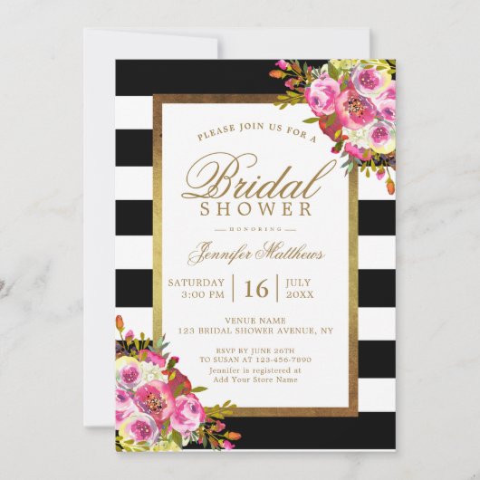 フローラシック金ゴールド白黒ストライプブライダルシャワー 招待状 (正面)