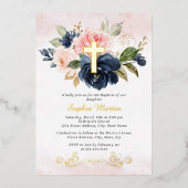 フローラシャイニー金ゴールドクロスガールピンク海軍バプテスマ 箔招待状 (正面)