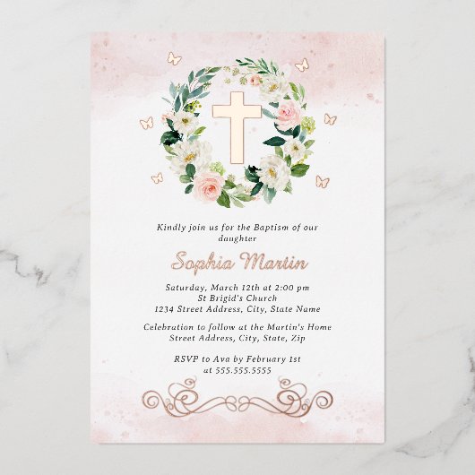 フローラシャイニー金ゴールドクロスバタフライガールバプテスマ 箔招待状 (正面)