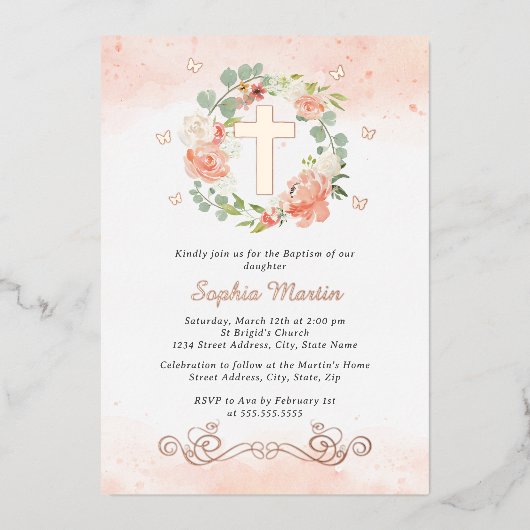 フローラシャイニー金ゴールドクロスピーチフローラガールバプテスマ 箔招待状 (正面)