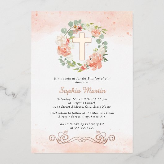 フローラシャイニー金ゴールドクロスピーチリースガールバプテスマ 箔招待状 (正面)