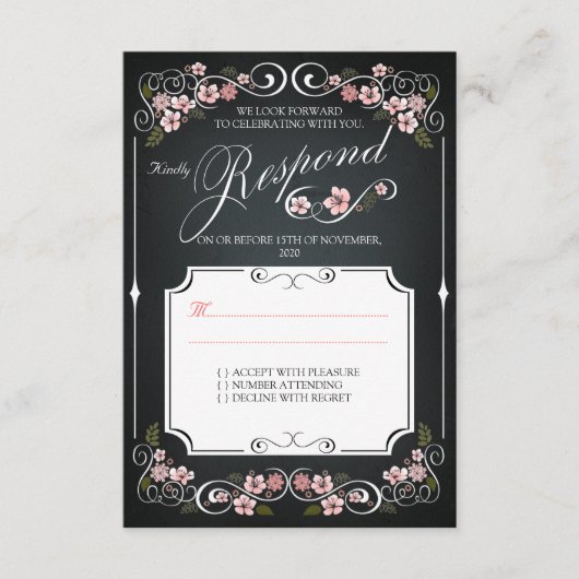 フローラシャルボードヴィンテージはっきりしたウェディングRSVP 出欠カード (正面)