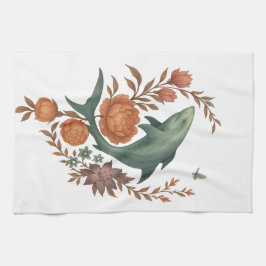 フローラシャーク調和-自然&海フュージョンアート キッチンタオル