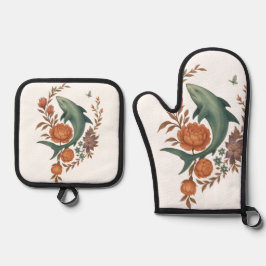 フローラシャーク調和-自然&海フュージョンアート 鍋つかみ&鍋敷きセット