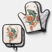 フローラシャーク調和-自然&海フュージョンアート 鍋つかみ&鍋敷きセット (正面/裏面)