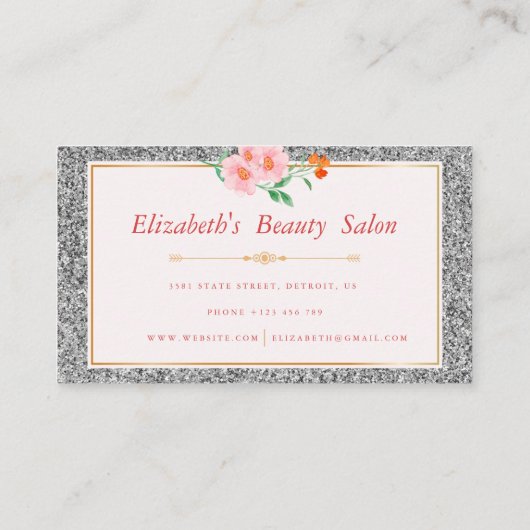 フローラシルバーグリッターメイクアップアーティスト美しいサロン 名刺 (裏面)