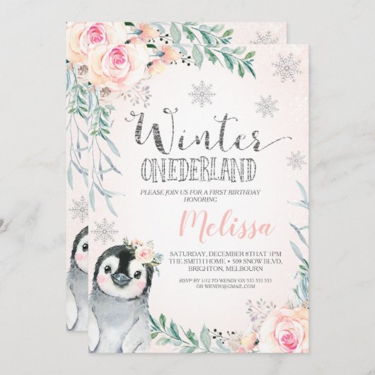 フローラシルバーペンギンウィンターオネダーランド誕生日 招待状 (正面/裏面)