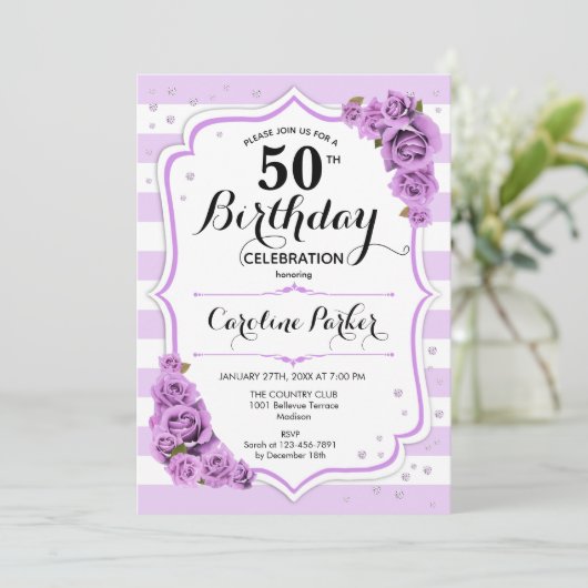 フローラシルバーホワイトパープルフォト50誕生日 招待状 (スタンド正面)