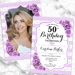 フローラシルバーホワイトパープルフォト50誕生日 招待状