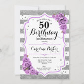 フローラシルバーホワイトパープルフォト50誕生日 招待状 (正面)