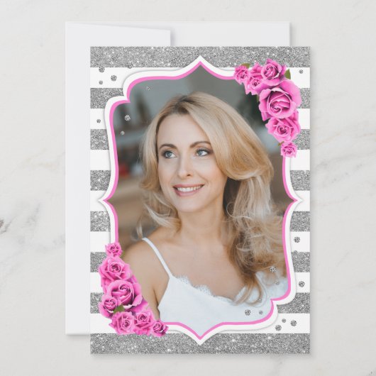 フローラシルバーホワイトピンク写真50誕生日 招待状 (裏面)