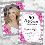 フローラシルバーホワイトピンク写真50誕生日 招待状<br><div class="desc">エレガントフローラフェミニンの50歳の誕生日の招待状とカードの裏の写真。グラムホワイト、ピンクのデザインとフェイクグリッター銀。機能ストライプ、ベビーピンクのバラ、スクリプトフォントと紙吹雪。大人スタイリッシュのお祝いパーティーに最適。独自の詳細でパーソナライズどんなカスタマイズ年でもいい！印刷されたZazzle招待状または即時ダウンロードのデジタル印刷可能なテンプレート。</div>
