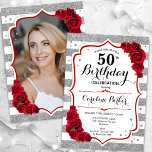 フローラシルバーホワイト赤いバラ写真50誕生日 招待状<br><div class="desc">エレガントフローラフェミニンの50歳の誕生日の招待状とカードの裏の写真。グラムホワイト、赤デザインとフェイクグリッター銀。機能ストライプ、赤いバラ、スクリプトフォントと紙吹雪。大人スタイリッシュのお祝いパーティーに最適。独自の詳細でパーソナライズどんなカスタマイズ年でもいい！印刷されたZazzle招待状または即時ダウンロードのデジタル印刷可能なテンプレート。</div>