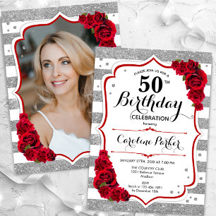 フローラシルバーホワイト赤いバラ写真50誕生日 招待状