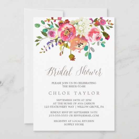 フローラシンプルウォーターカラーブーケブライダルシャワー 招待状 (正面)