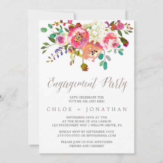 フローラシンプルウォーターカラーブーケ婚約パーティ 招待状 (正面)