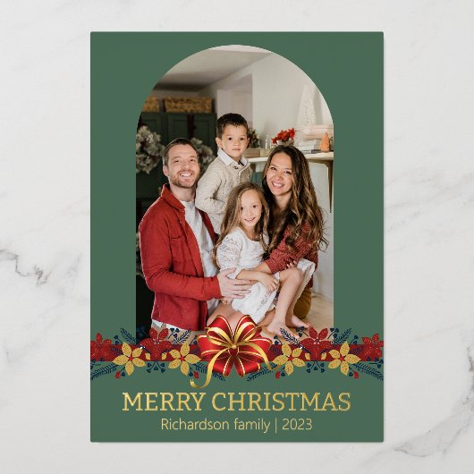 フローラシンプルエレガント家族のクリスマス写真 箔シーズンカード (正面)