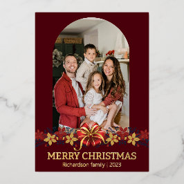フローラシンプルエレガント家族のクリスマス写真 箔シーズンカード