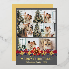 フローラシンプルエレガント家族のクリスマス写真 箔シーズンカード