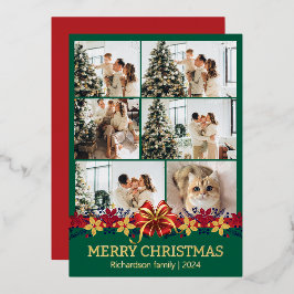 フローラシンプルエレガント家族のクリスマス写真 箔シーズンカード