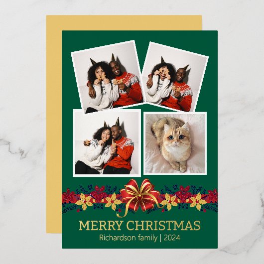 フローラシンプルエレガント家族のクリスマス写真 箔シーズンカード (正面/裏面)