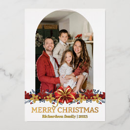 フローラシンプルエレガント家族のクリスマス写真 箔シーズンカード