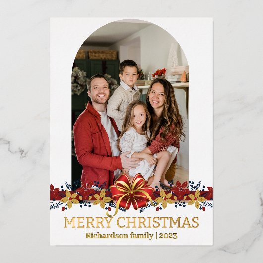 フローラシンプルエレガント家族のクリスマス写真 箔シーズンカード (正面)