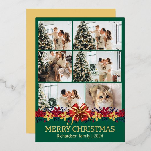 フローラシンプルエレガント家族のクリスマス写真 箔シーズンカード (正面/裏面)