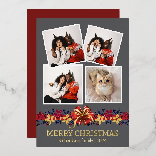 フローラシンプルエレガント家族のクリスマス写真 箔シーズンカード (正面/裏面)