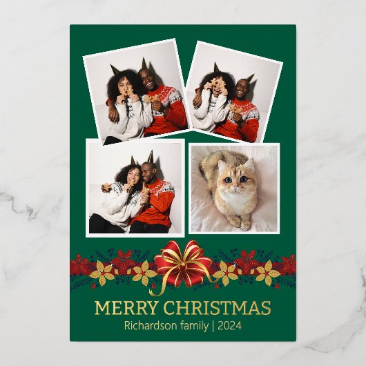 フローラシンプルエレガント家族のクリスマス写真 箔シーズンカード (正面)