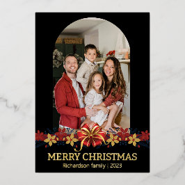 フローラシンプルエレガント家族のクリスマス写真 箔シーズンカード