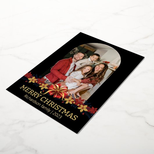 フローラシンプルエレガント家族のクリスマス写真 箔シーズンカード (回転した状態)