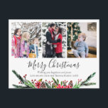 フローラシンプルクリスマスリースフォトコラージュ シーズンポストカード<br><div class="desc">このシンプルとエレガント「ハッピーホリデー」フローラファミリーのクリスマスホリデーカードは、ポインセチア、松と果実と雪の多いクリスマスのリースを備えている。カードの逆はクリスマスの赤い背景に雪のパターンを備えている。カードの前でスクリプトを追加カスタマイズし、あなたの名前、メッセージと年をキュラッシブタイポグラフィに追加し、あなたの写真の3つをコラージュに追加することができる。今年の冬はクリスマスのホリデーカードに最適！</div>