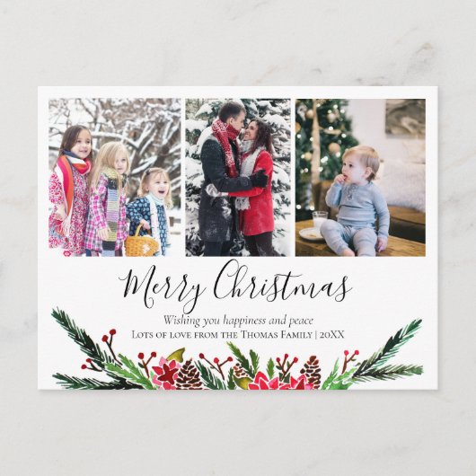 フローラシンプルクリスマスリースフォトコラージュ シーズンポストカード (正面)