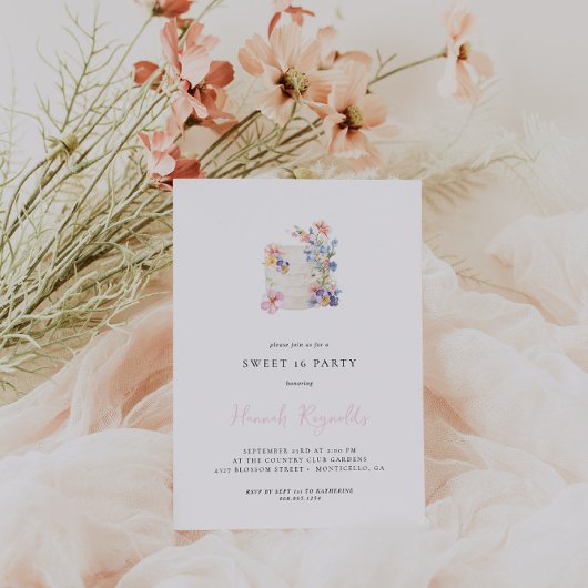 フローラシンプルケーキスウィート16誕生日招待状 招待状