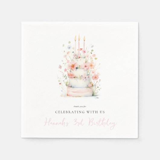 フローラシンプルケーキ誕生日パーティー スタンダードカクテルナプキン (正面)