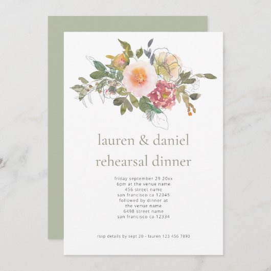 フローラシンプルセージグリーンのリハ結婚ーサルディナー 招待状 (正面/裏面)