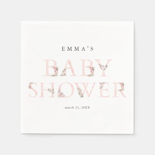 フローラシンプルタイポグラフィピンクベビーシャワー スタンダードカクテルナプキン (正面)
