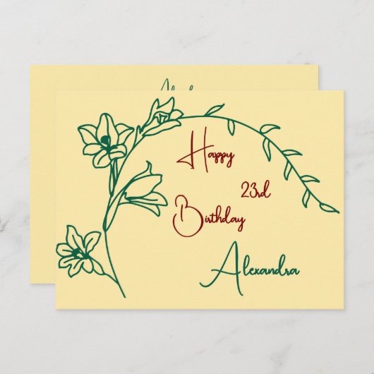 フローラシンプルバターイエローネーム&エイジ誕生日 ポストカード (正面/裏面)