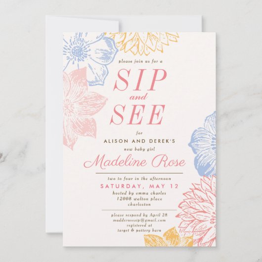 フローラシンプルピンクの女の子Sipと参照ベビーシャワー 招待状 (正面)