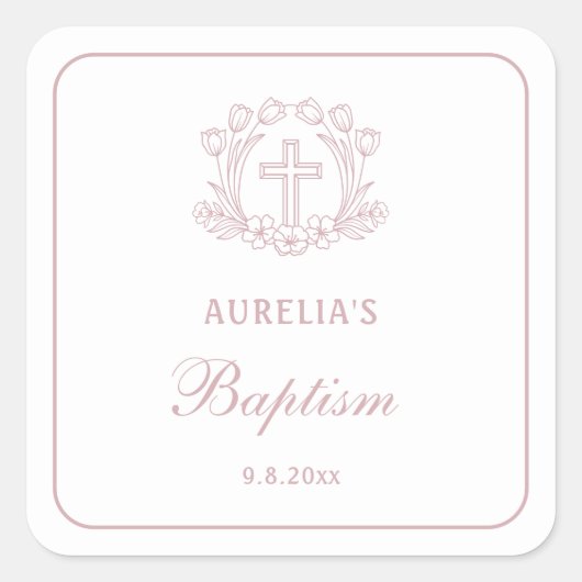 フローラシンプルピンククロスバプテスマ スクエアシール (正面)