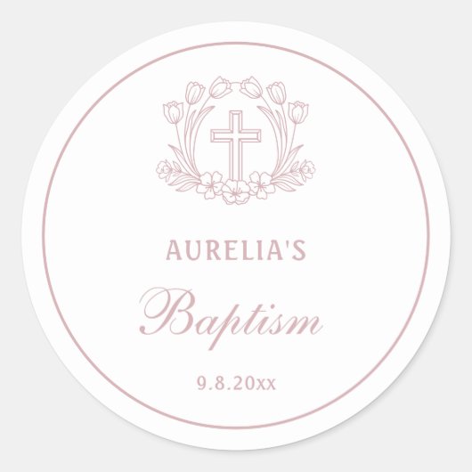フローラシンプルピンククロスバプテスマ ラウンドシール (正面)